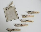 Decorative Clothespins, Vintage Victorian Bird Themed Clothespins, Favors, Hand Stamped Inspirational Words - set of 6