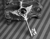 Winged skeleton key necklace - black glass rhinestone - gothic, victorian, steampunk