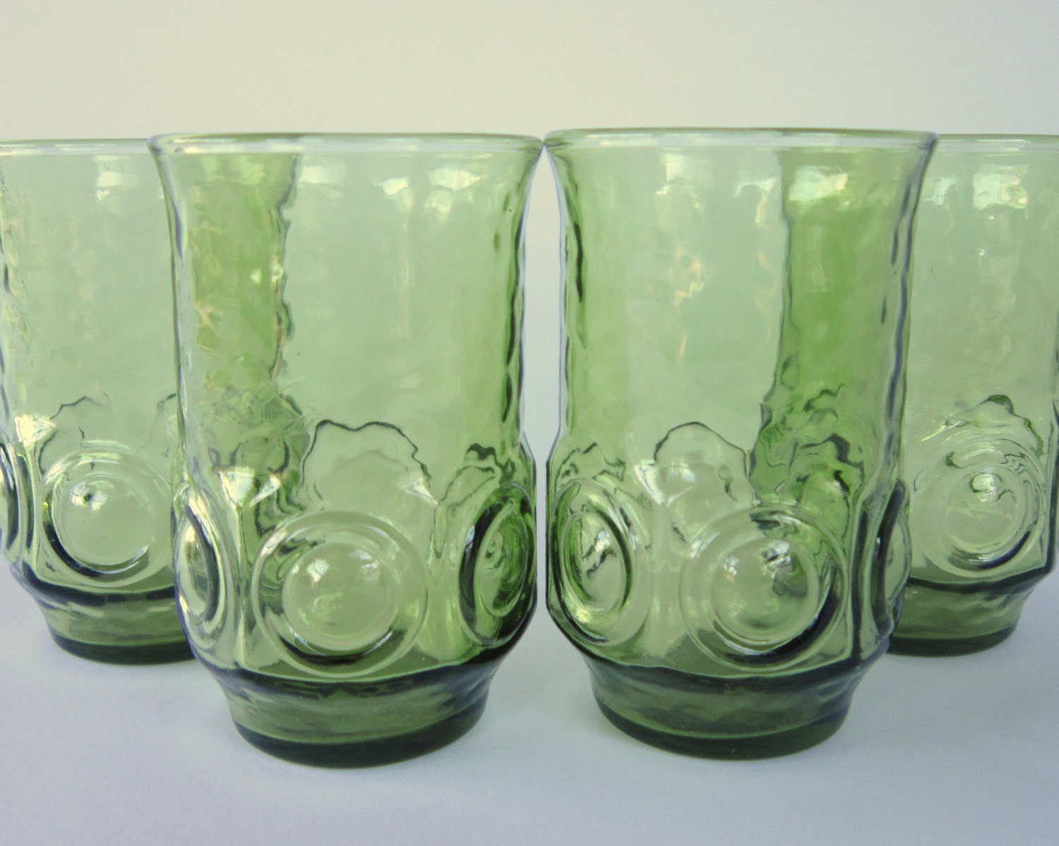 Vintage Anchor Hocking Heritage Hall Green Juice Glasses, 6 oz. Textured Tumblers with Circles