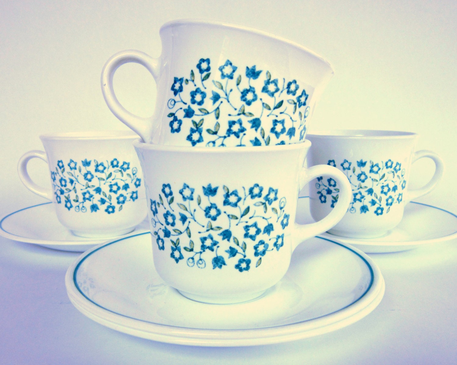 Corelle "Blue Heather" Cups & Saucers, Set of 8 Floral Centura Mugs, Plates, Vintage Dinnerware, Flowers