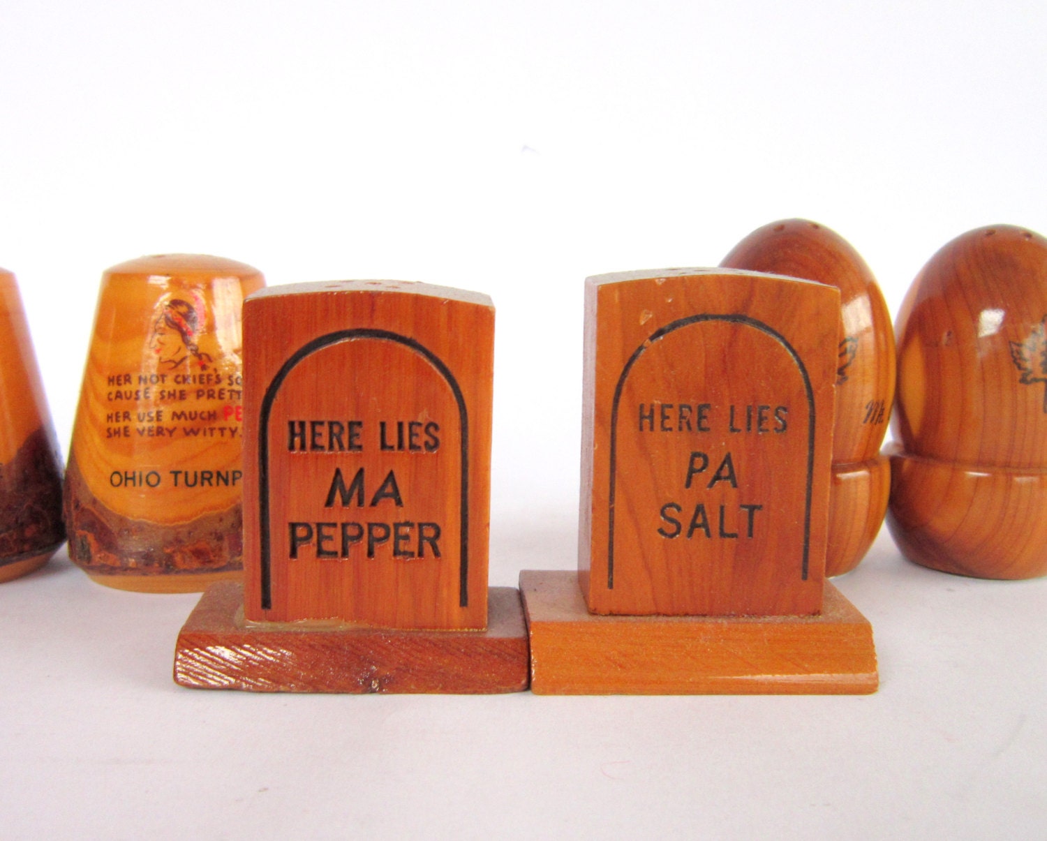 Kitsch Humor Vintage Souvenir Salt & Pepper Collection, Set of 3, Wooden Tombstones, Illinois, Ohio
