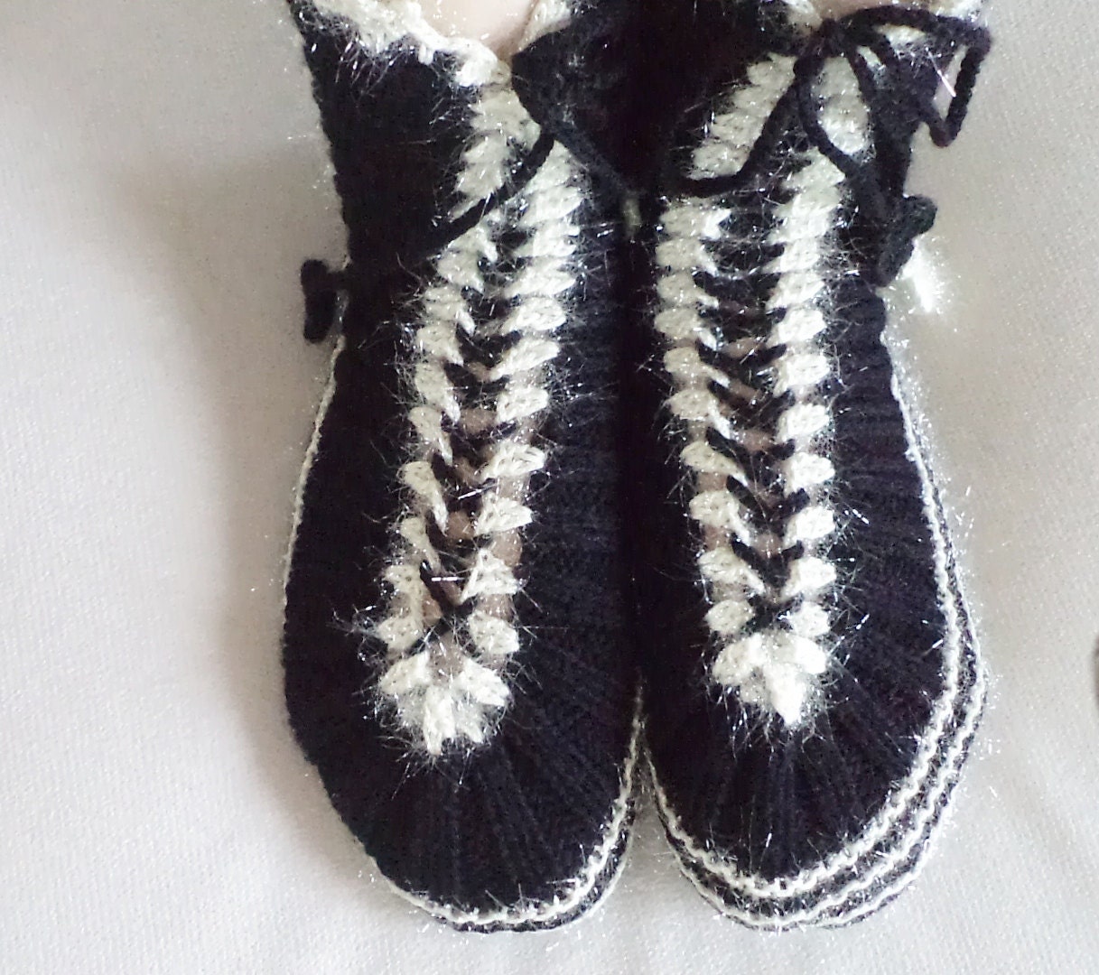 Socks, Slippers, Handmade  Slippers.  Unique Turkish Knitted socks, Black Women Slippers, Women slippers, house shoes. Black and Cream