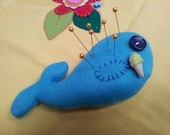 Quirky handmade kawaii fleece whale pincushion, small soft toy cuddly, cute place to put your pins when sewing
