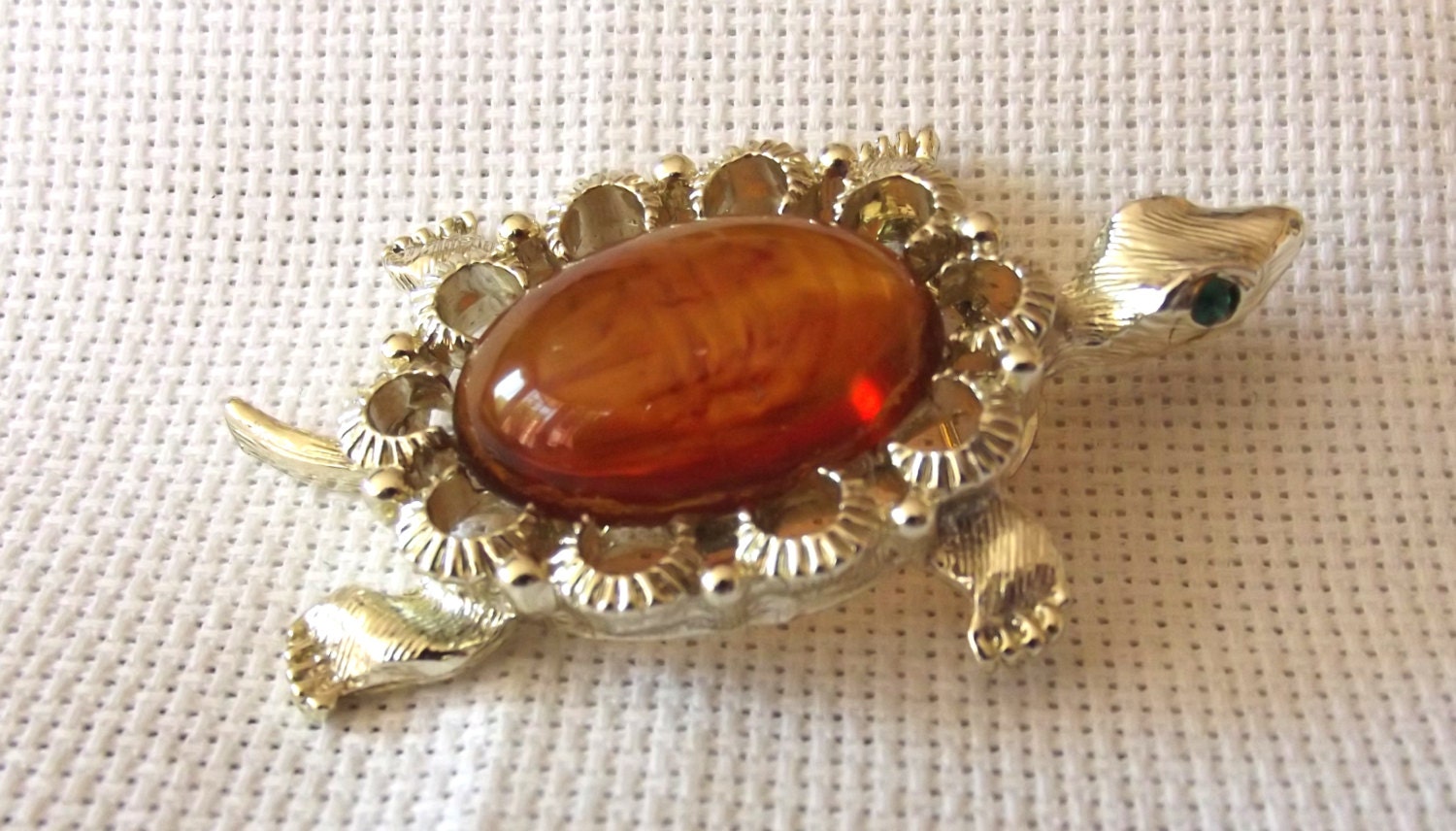 Vintage Brooch, Turtle Pin, Jelly Belly, Lucite/Resin Center, Green Rhinestone Eyes, Costume Jewelry