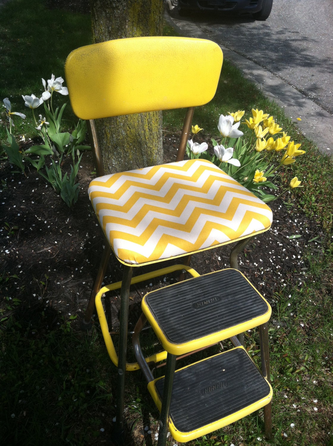 Vintage Upcycled Cosco Yellow Metal Step Stool with Chevron Seat