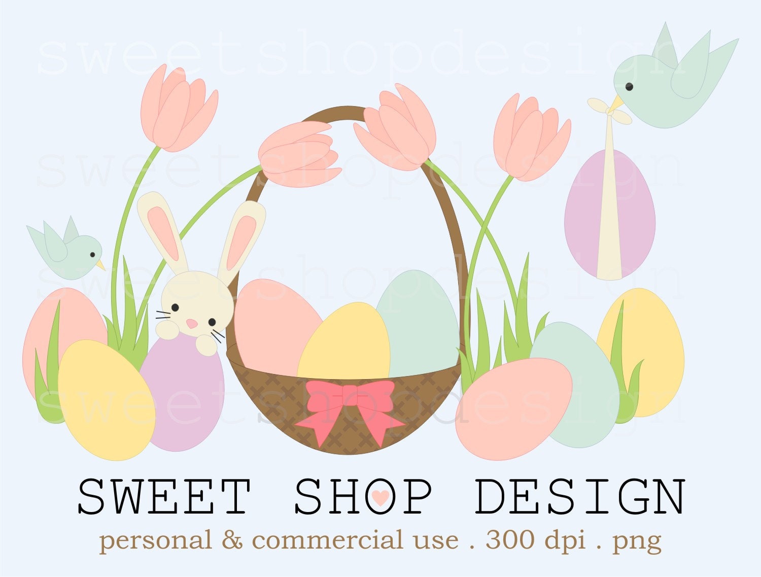 Easter Egg Hunt Clip Art Clipart - Bunny, Easter Eggs, Flowers, Basket - Personal and Commercial Use - N01 Il_170x135