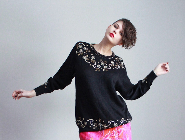 Bead embroidery black sweater