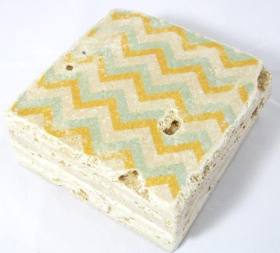 Mustard Yellow and Seafoam Blue Chevron Coaster Set of Four