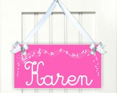 white music notes in hot pink background kids or teenagers bedroom door sign - nursery door hanger plaque