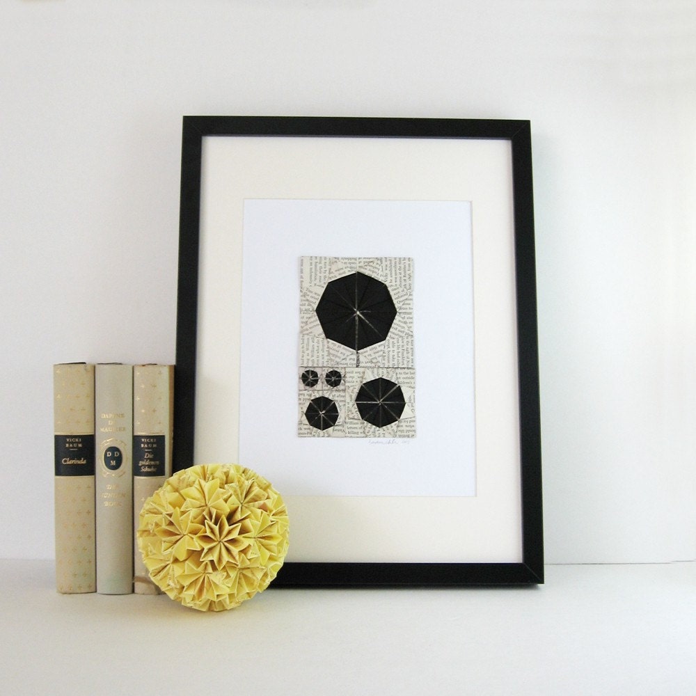 Origami Sketch 11 Black - Original Paper & Gouache Geometric Collage - Book Paper Art - Home Decor