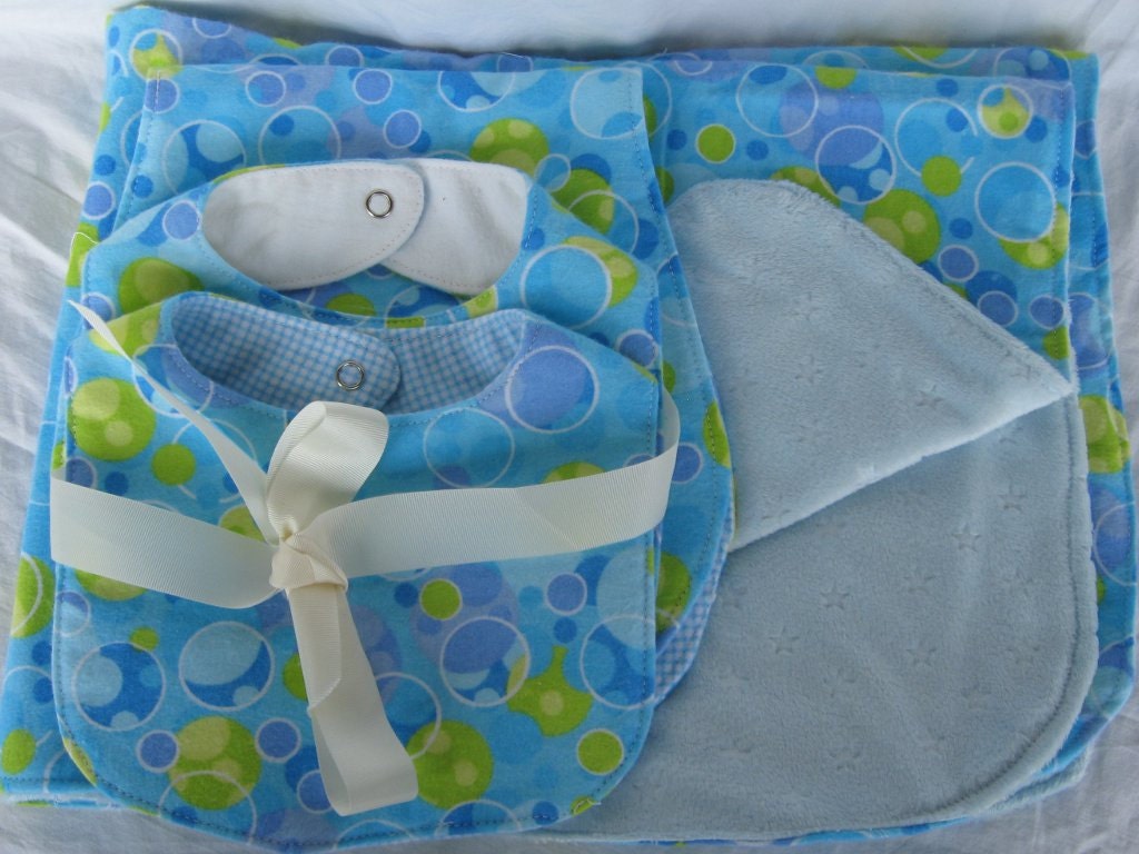 Aqua blue baby gift set, flannel and blue minky blanket, burp cloth, 2 flannel drool bibs, baby to toddler gift set, stroller blanket