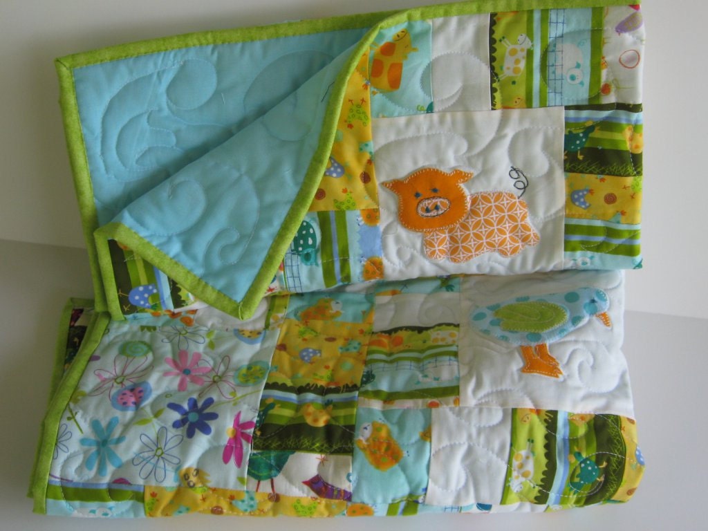Handmade scrappy baby quilt,. farm nursery decor, boys crib bedding, modern baby quilt, aqua and lime baby quilt
