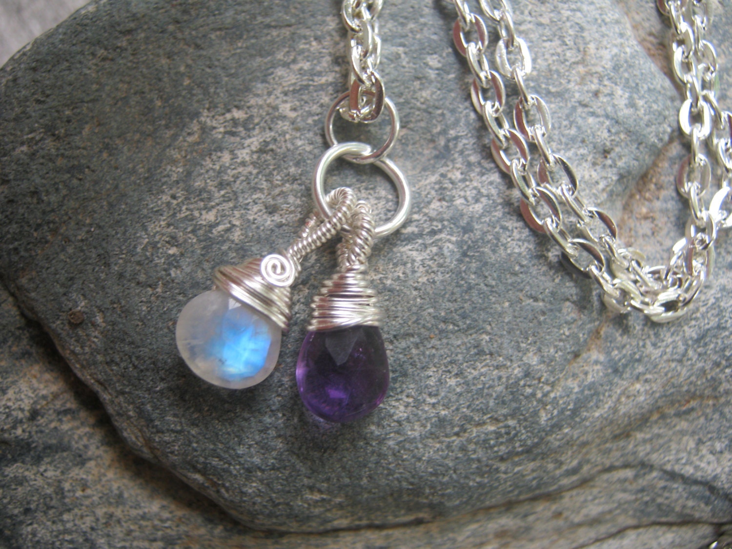 Purple Moon Faceted Moonstone and Amethyst Wire Wrapped Necklace, 24 inches, Choose Your Length