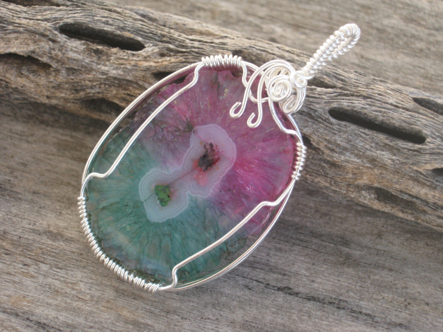 Watermelon Crackled Agate Pendant, Wire Wrapped