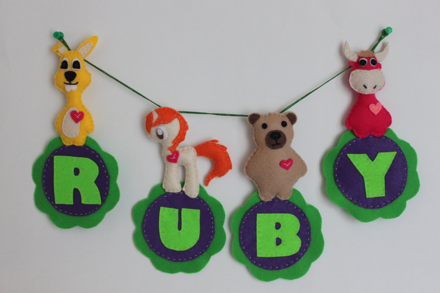 Personalized Felt Animal Name Banner - 4 Letters - Ruby - Pick any 4 letter name - Felt banner - Baby Shower Gift