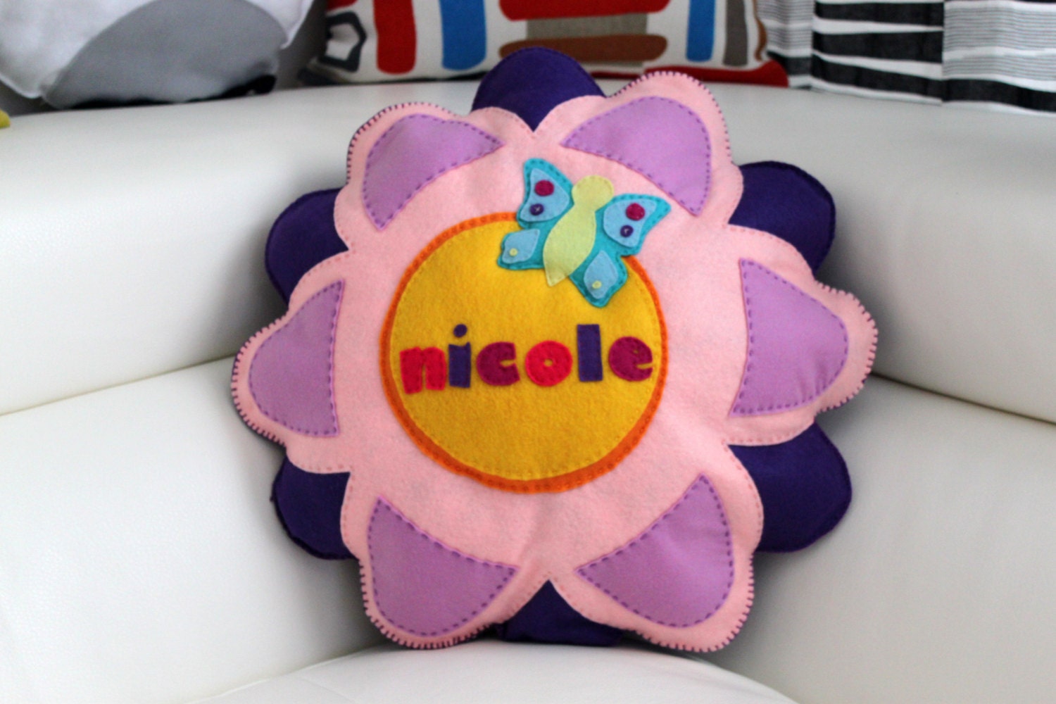 Personalized Flower Felt Pillow, Nursery Decoration, Baby gift, felt butterfly pillow, felt name pillow