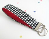 Key Fob Wristlet Keychain - Fabric Key Chain Black White Houndstooth Check on Red - Woman's Accessories