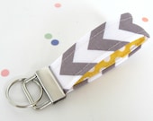 Mini Keychain Chevron Key Fob in Grey with Yellow Polka Dot Lining