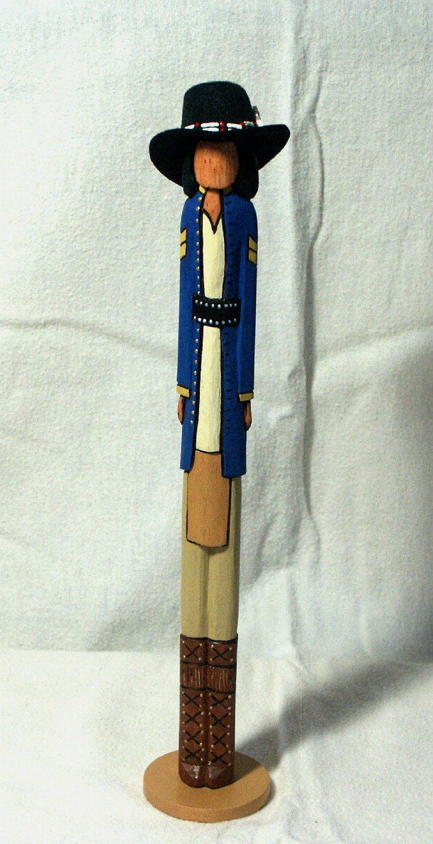 Blue Coat Scout Native American Indian 12" faceless wooden art doll Ooak collectible
