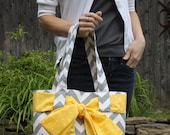 LARGE gray and white CHEVRON stripe zigzag Handbag/ Diaper Bag/ Purse/ Tote/ Beach Bag with Yellow Polka Dot Bow/Sash and 4 Interior Pockets