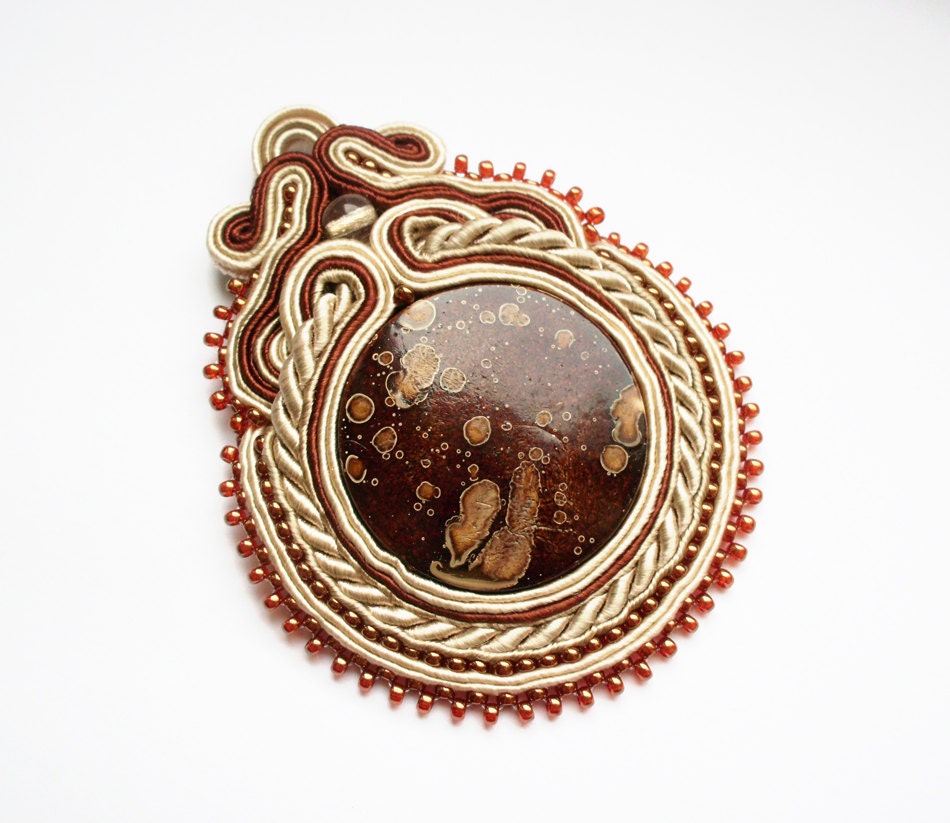 JUPITER - soutache pendant, handmade, embroidered in ecru, beige and brown satin strips, toho beads. Perfect gift - oaak.