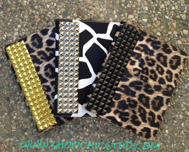 Studded Leopard or Giraffe Print iPad 2/3 Case Silver OR Gold OR Black Studs