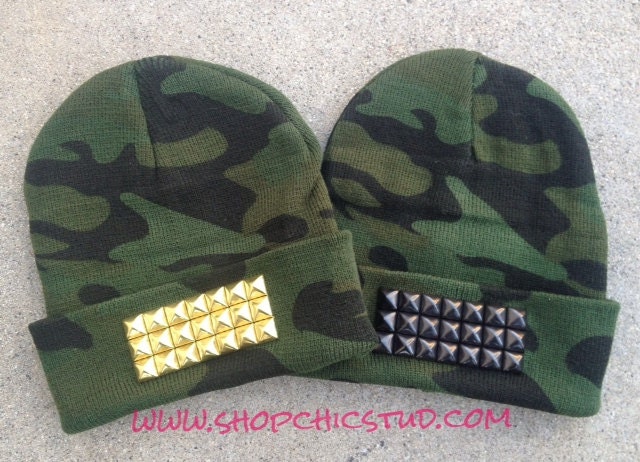 Studded Beanie Hat Camo Print Gold Or Silver or Black Studs