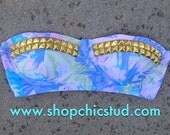 Studded Bikini Top - Swimwear - Pastel Lavender Pink Blue Palm Print - Gold, Silver, or Black Studs -
