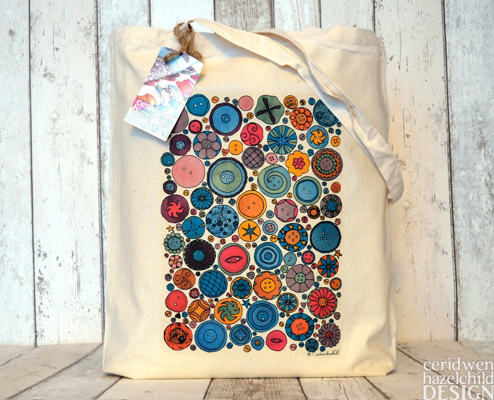 Vintage Buttons Illustration Eco Cotton Tote Bag