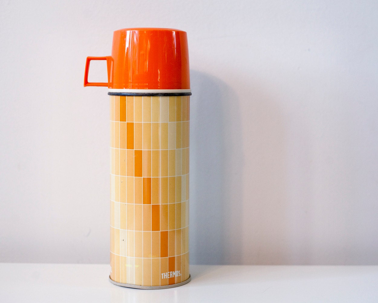 Vintage Thermos Brand Thermos With Orange Tiled Pattern