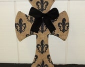 Elegant Cross Covered in  Burlap With Fleur de Lis Pattern