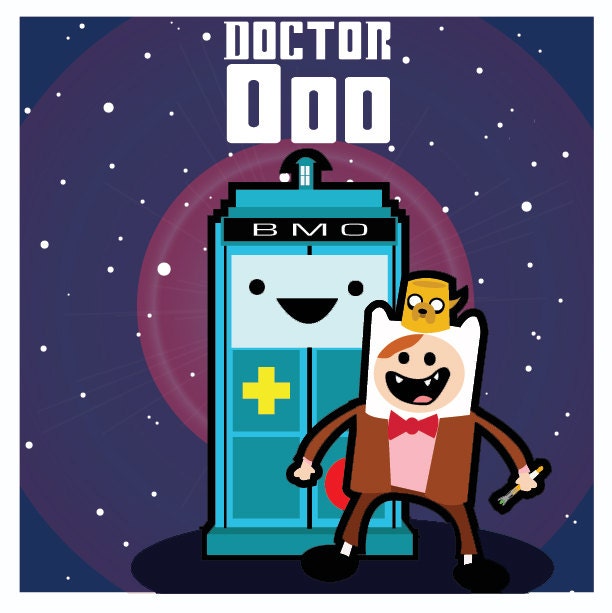 It's Adventure Time for Dr Who - Original Artwork Finn, Jake, BMO & Dr Who mashup print