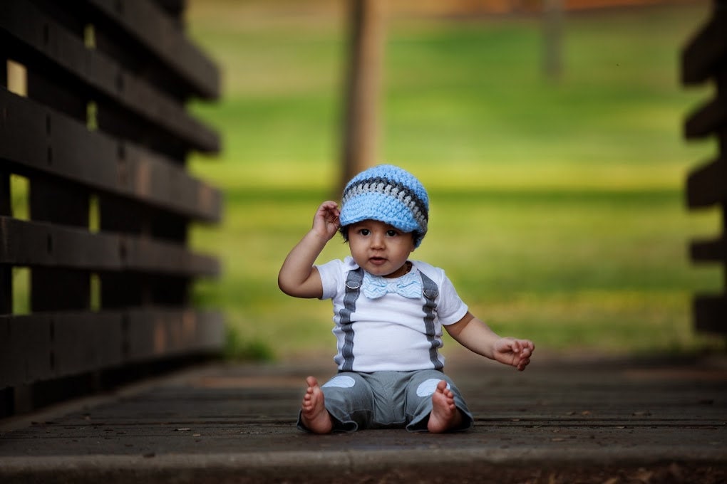 GET THE SET - Baby Boy Bowtie & Suspender Onesie with Newsboy Hat - Blue and Grey Chevron Bowtie - Birthday, Baby Shower, Wedding