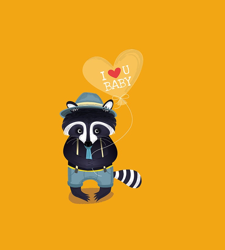Love Raccoon Heart Valentine's Digital Vector Illustration Print Home Decor Wedding Mustard Yellow Blue Turquoise