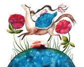 Dreams Horse Girl Roses Floral Blue Burgundy Brown Print Illustration Watercolor Nursery Wall Art