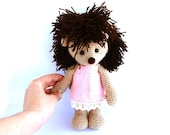 pink dressed girl hedgehog, stuffed hedgehog doll, crocheted porcupine, amigurumi hedgehog, pink dark brown, - crochAndi