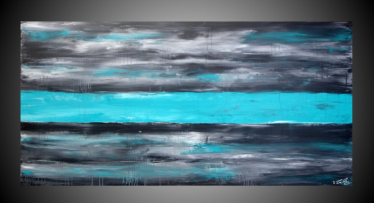 48 x 24 ORIGINAL Abstract Modern Acrylic art Painting large canvas Wall Deco Landscape Unique Black Turquoise Ready to Hang FREE SHIPPING