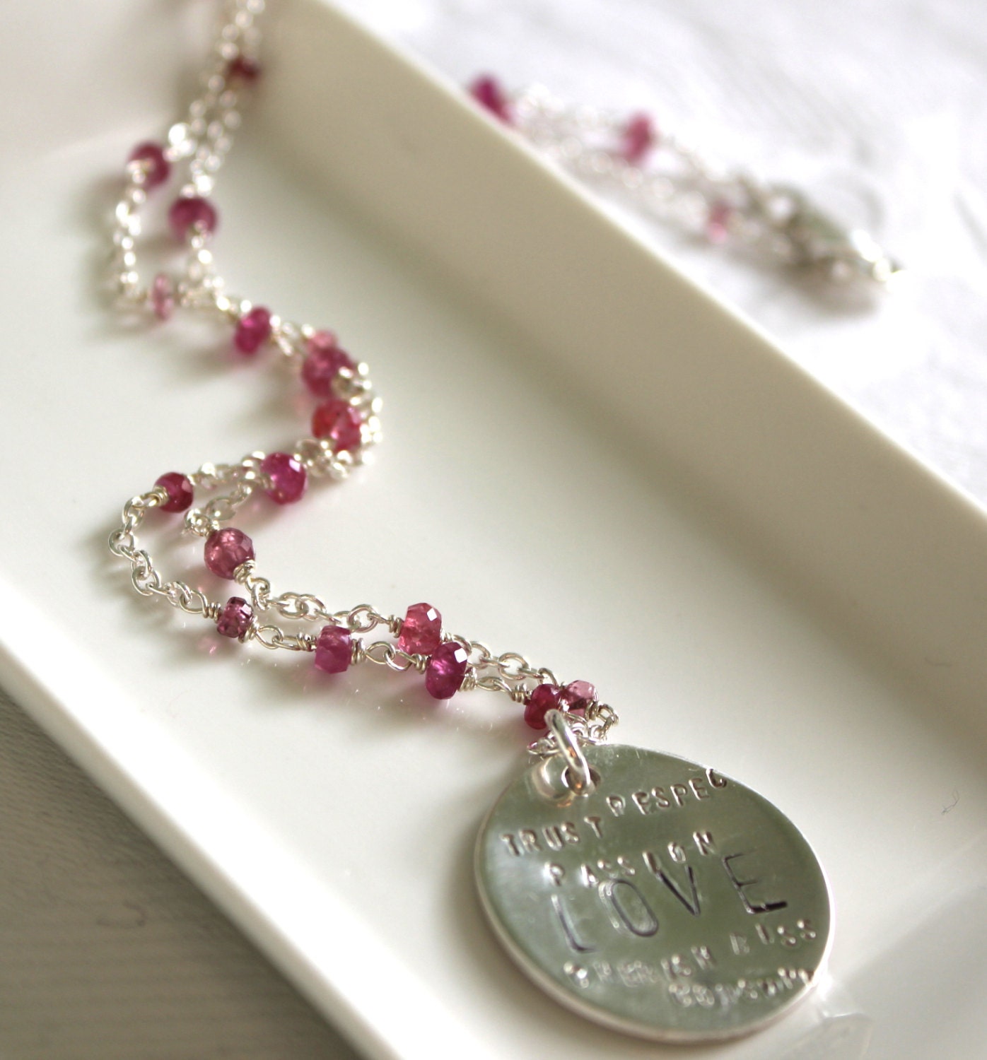 Pink Sapphire Love Necklace:Sample Sale 50% off Hand Wire Wrapped Sterling Silver Natural Pink Sapphire Necklace With Love Pendant