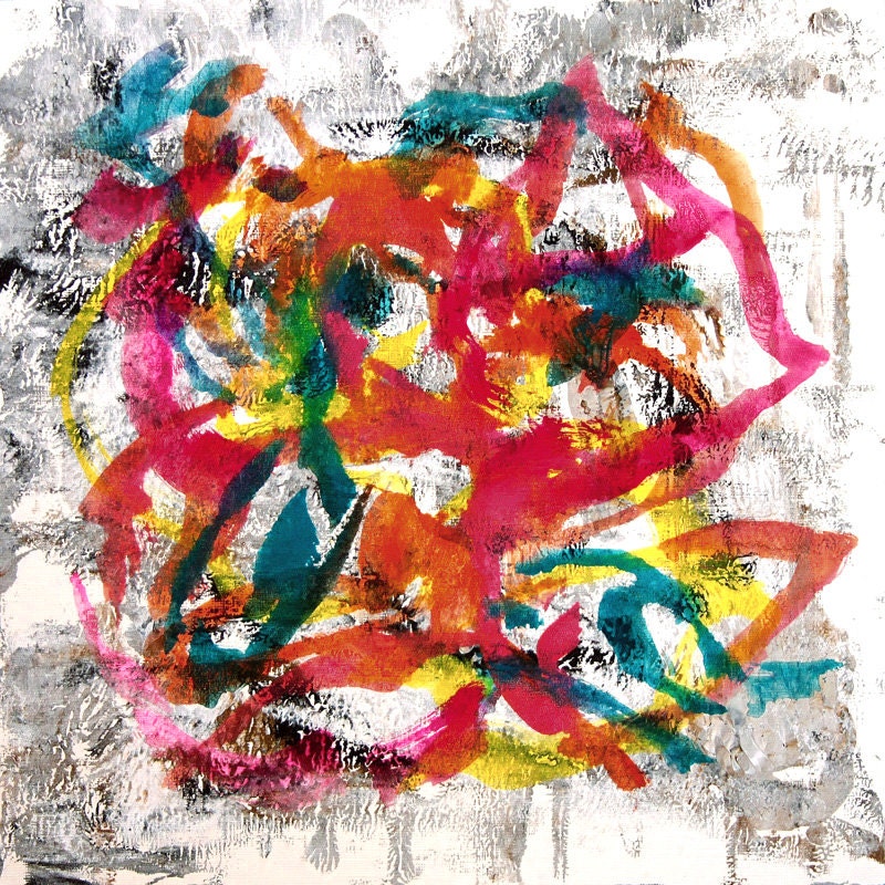 Art by an English Bulldog - Flower Power Abstract Print by a rescue dog - Piper The Painting Bulldog - magenta, indigo, orange, yellow - 8x8