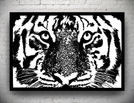 FRAMED Tiger Eyes Handmade Original Papercut: Hand-Cut Paper Art Silhouette - 22.05 x 17.52 inches (56 x 44.5 cm)