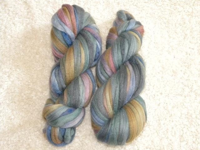 Sparkly Hand Dyed Roving, Superwash Merino/ Silk/ Nylon/ Silver  over 4 oz - 'Dreamscape'