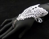 White Lace Cuff Bracelet - Bridal, Wedding, Prom, Romantic Fabric Gauntlet  - Chain Ring & Corset Lacing Closure