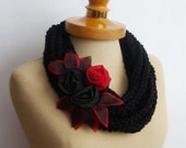 Black Infinity Scarf , Crochet Necklace, Black color, scarflette, gift under 30, Red and black color Satin Flower