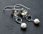 Reserved Earrings citrine,pearl, the ear hooks sterling silver, silver plated