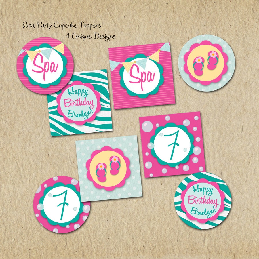 Spa Party Cupcake Toppers - Custom, Digital, Printable designs, 4 unique designs - Animal print and Flip Flops - Fun Colors Il_170x135