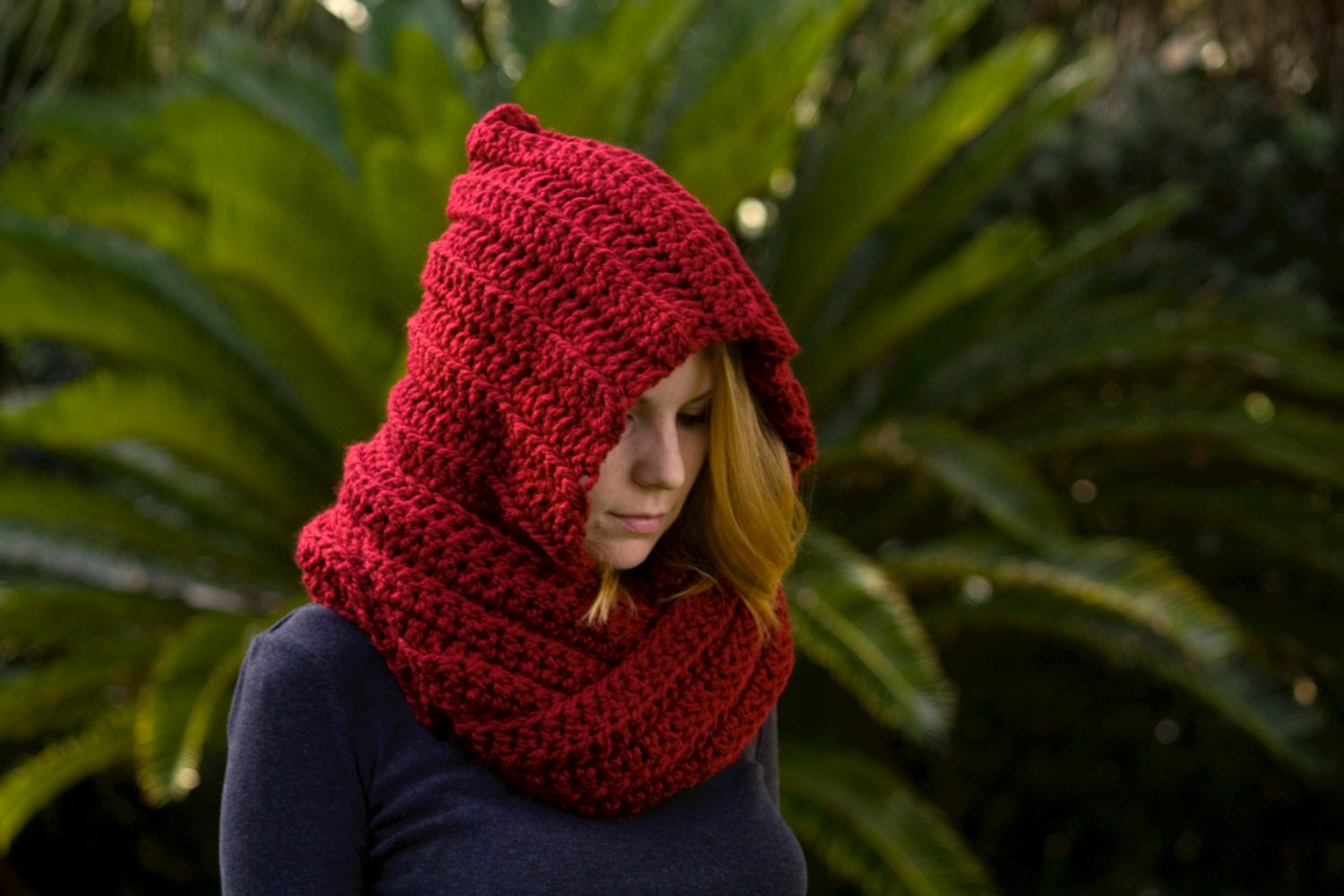 Hooded Scarf, Maroon Scoodie, Red Crochet Hood, Dark Red Scarf