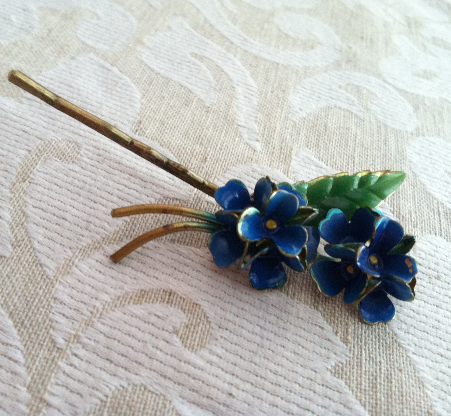 Unique Blue Enamel Flower Blossom Austrian Bobby Pin