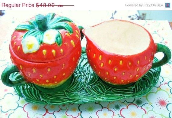 SPRING SALE Vintage Strawberry Rossetti Japan Cream and Sugar Set With Tray 1940s Ceramic Hand Painted Red Green Cottage Chic Shabby Chic