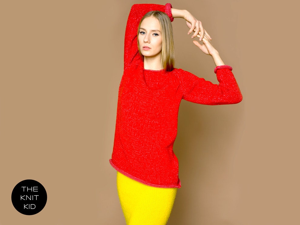 Sweater red pink shetland merino wool raglan knit knitwear theknitkid bulky warm theknitkid