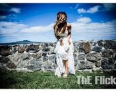 Gypsy bohemian style sweetheart strapless wedding dress with gorgeous lace arm bands and stunning panelled skirt
